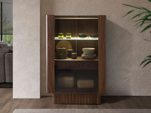 Tall sideboard, tempered glass, walnut with interior lighting