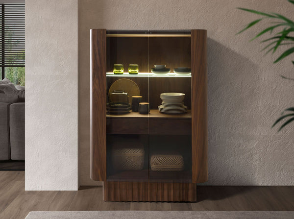Tall sideboard, tempered glass, walnut with interior lighting