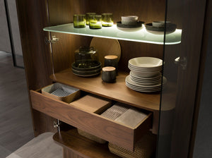 Tall sideboard, tempered glass, walnut with interior lighting