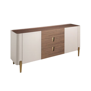 Sideboard in walnut, beige, gold polished steel and walnut top