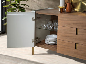 Sideboard in walnut, beige, gold polished steel and walnut top