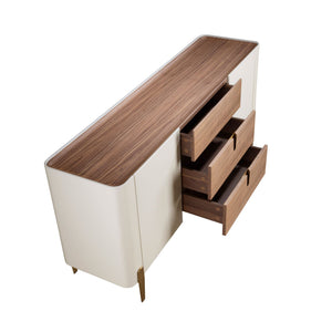 Sideboard in walnut, beige, gold polished steel and walnut top