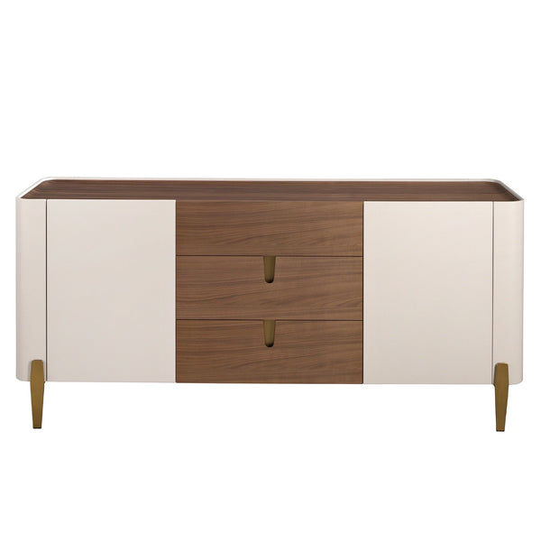 Sideboard in walnut, beige, gold polished steel and walnut top