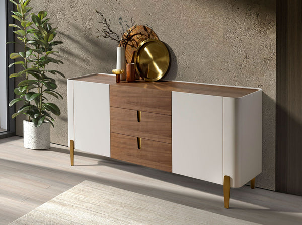 Sideboard in walnut, beige, gold polished steel and walnut top
