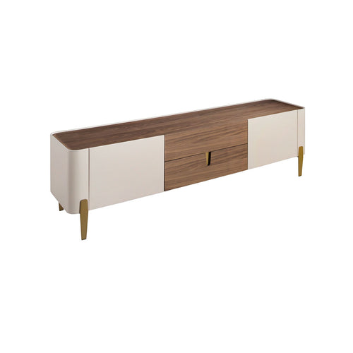 TV stand in beige wood, gold polished steel and walnut top