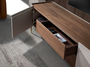 TV stand in beige wood, gold polished steel and walnut top