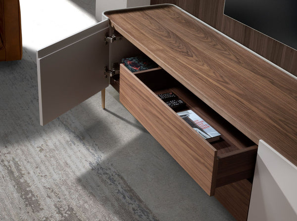 TV stand in beige wood, gold polished steel and walnut top