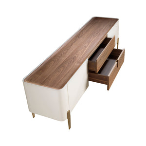 TV stand in beige wood, gold polished steel and walnut top