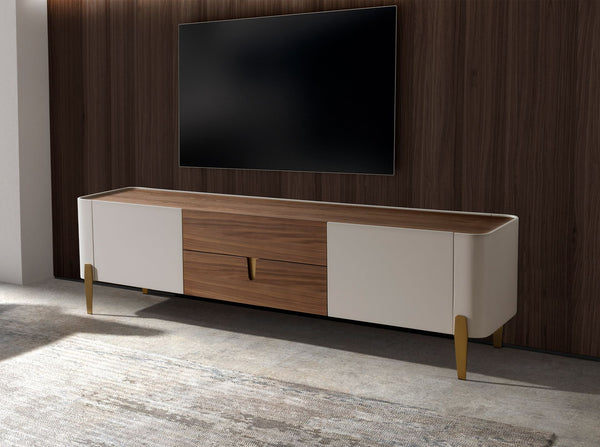 TV stand in beige wood, gold polished steel and walnut top