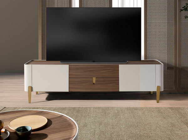TV stand in beige wood, gold polished steel and walnut top