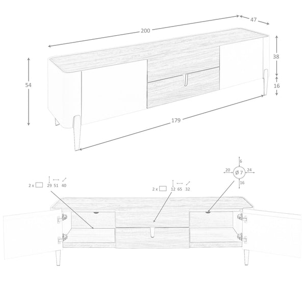 TV stand in beige wood, gold polished steel and walnut top