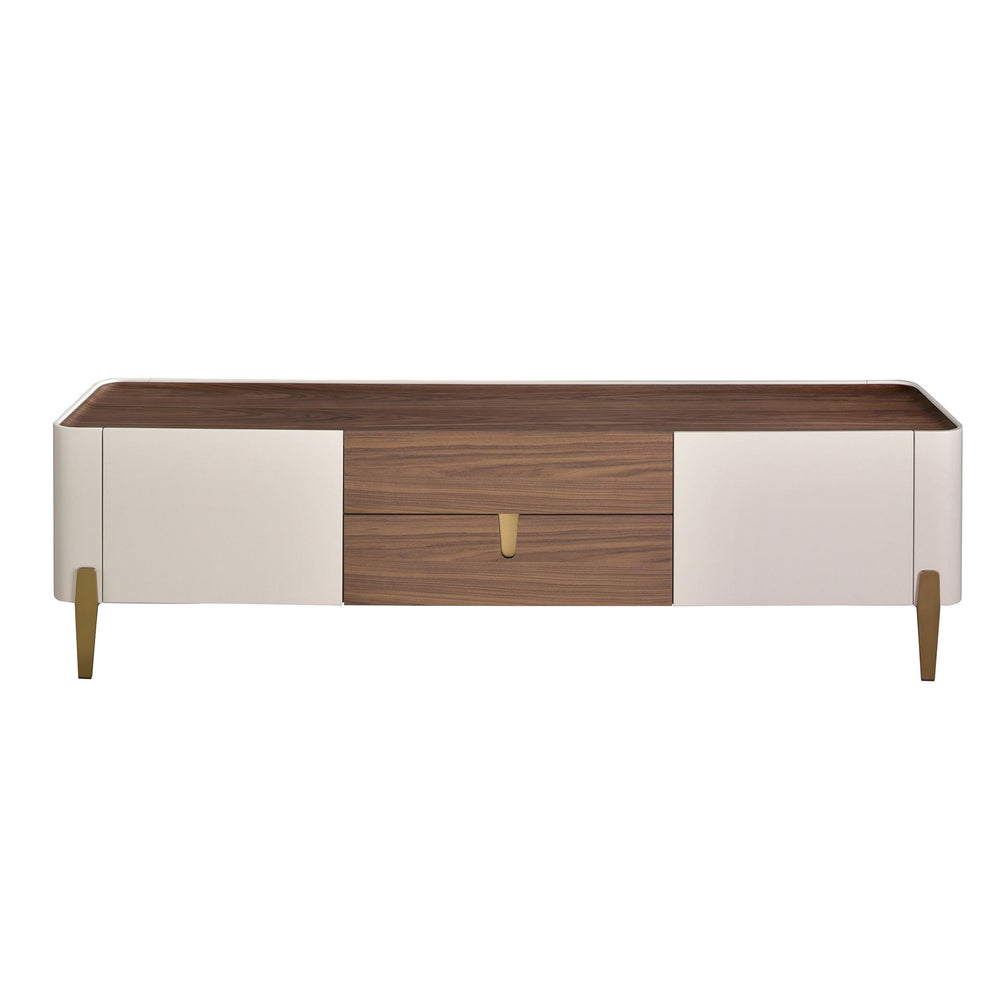 TV stand in beige wood, gold polished steel and walnut top