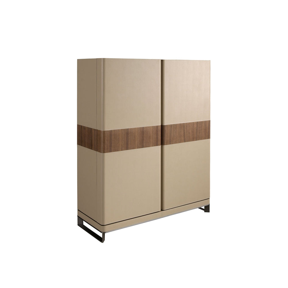 Tall sideboard in leather, walnut and polished steel