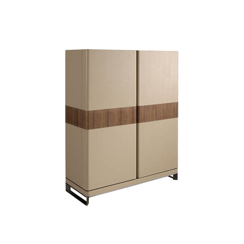 Tall sideboard in leather, walnut and polished steel
