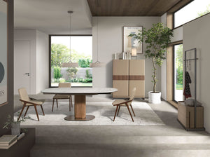Tall sideboard in leather, walnut and polished steel