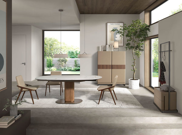 Tall sideboard in leather, walnut and polished steel