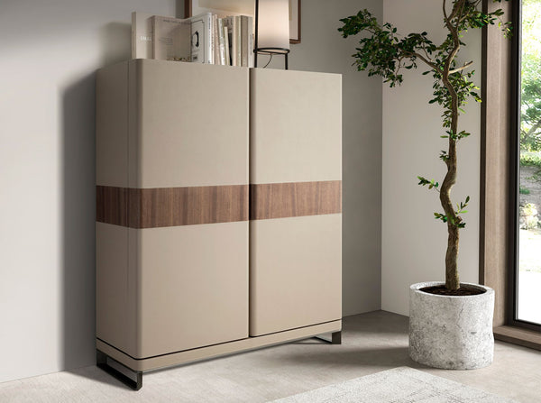 Tall sideboard in leather, walnut and polished steel