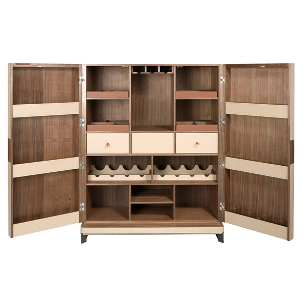 Tall sideboard in leather, walnut and polished steel