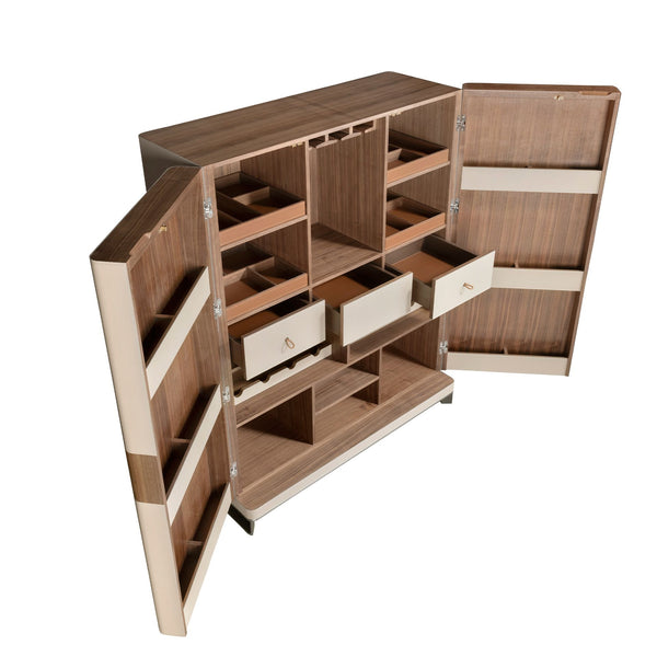 Tall sideboard in leather, walnut and polished steel