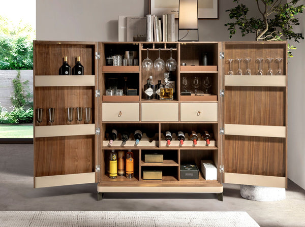 Tall sideboard in leather, walnut and polished steel
