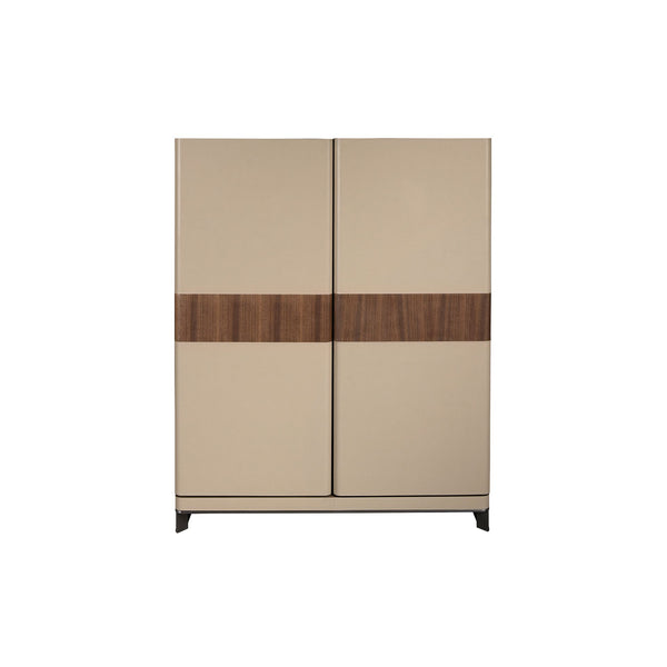 Tall sideboard in leather, walnut and polished steel