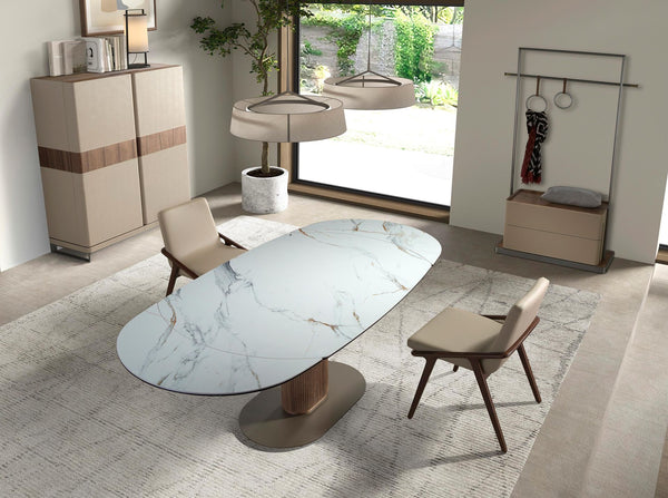 Tall sideboard in leather, walnut and polished steel