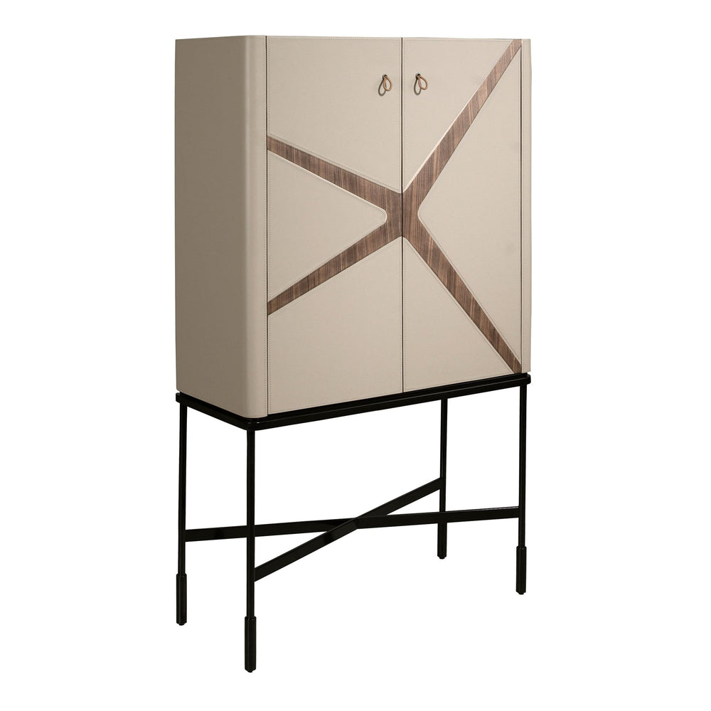Tall sideboard in leather, walnut and black steel