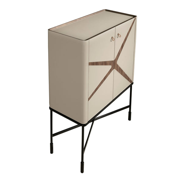 Tall sideboard in leather, walnut and black steel