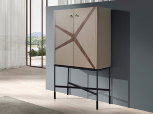 Tall sideboard in leather, walnut and black steel