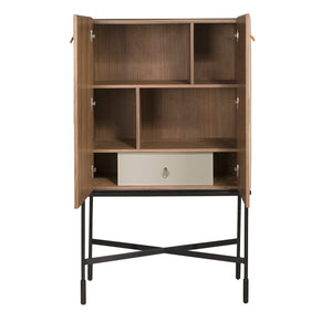 Tall sideboard in leather, walnut and black steel