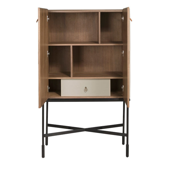 Tall sideboard in leather, walnut and black steel