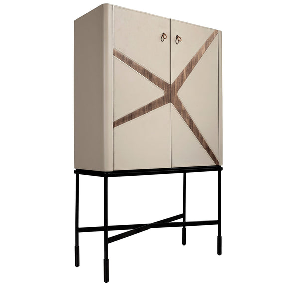 Tall sideboard in leather, walnut and black steel