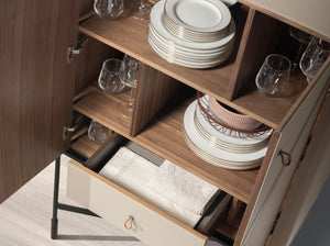 Tall sideboard in leather, walnut and black steel