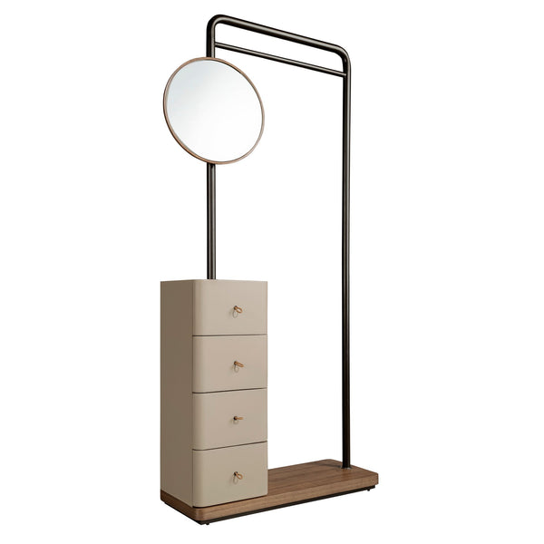 Coat rack in mink fur, walnut and black steel with mirror