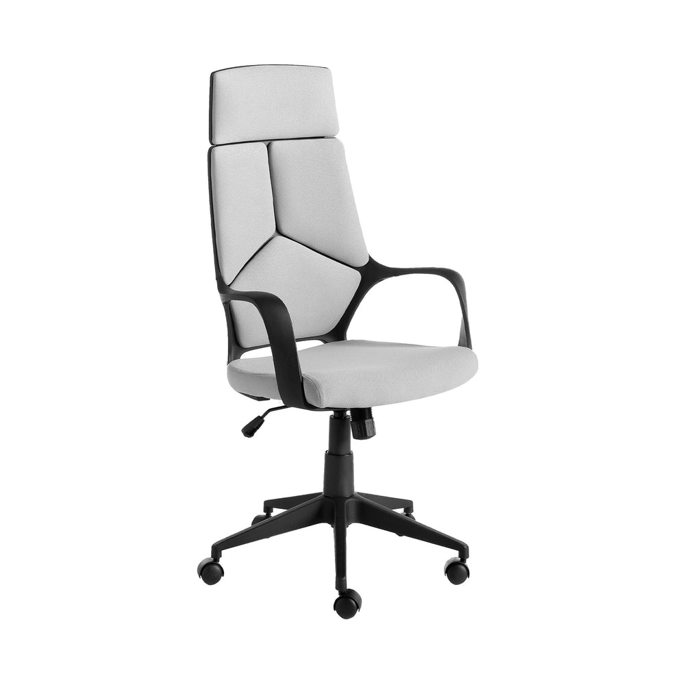 Swivel office chair in light gray fabric and black PVC