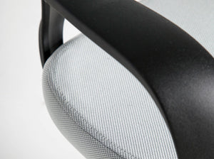 Swivel office chair in light gray fabric and black PVC