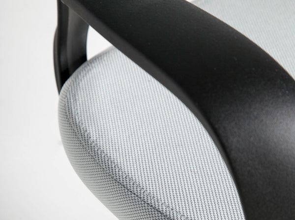 Swivel office chair in light gray fabric and black PVC
