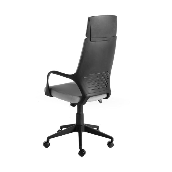 Swivel office chair in light gray fabric and black PVC