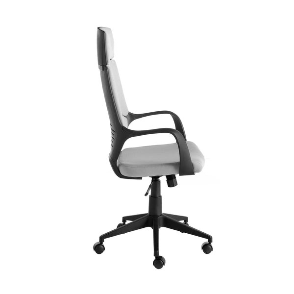 Swivel office chair in light gray fabric and black PVC