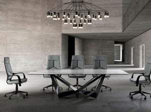 Swivel office chair in light gray fabric and black PVC