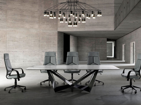 Swivel office chair in light gray fabric and black PVC