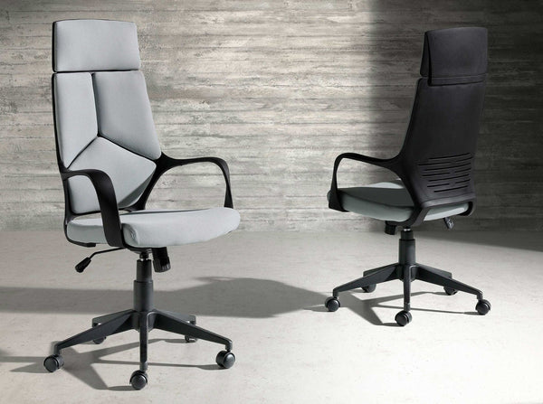 Swivel office chair in light gray fabric and black PVC