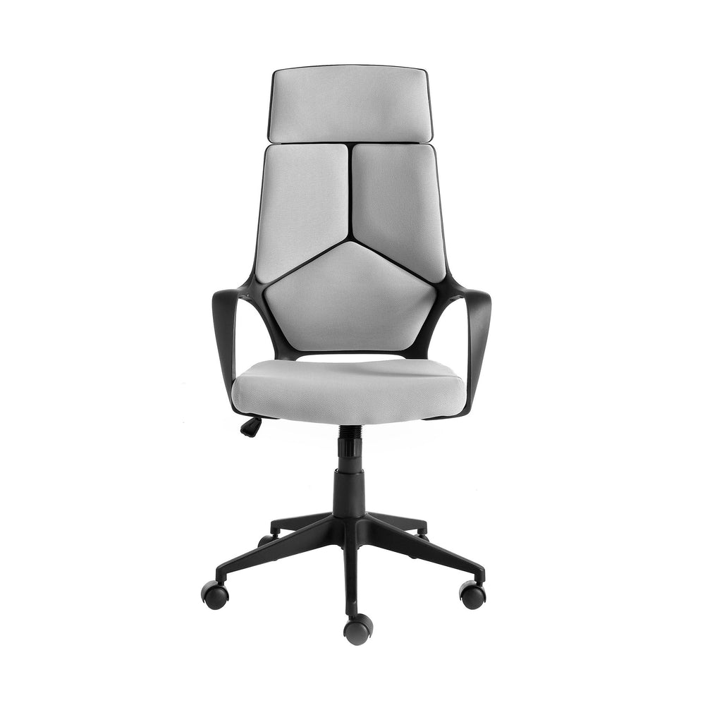 Swivel office chair in light gray fabric and black PVC