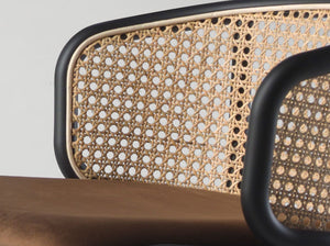 Brown wicker and velvet bench