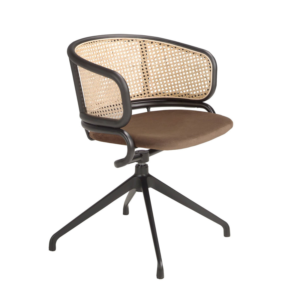 Brown wicker and velvet swivel chair