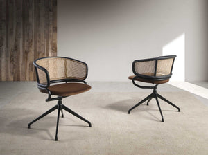 Brown wicker and velvet swivel chair