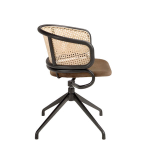 Brown wicker and velvet swivel chair