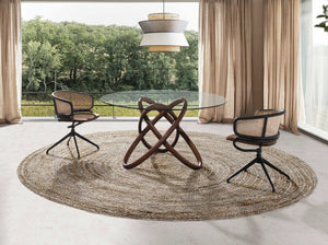 Brown wicker and velvet swivel chair