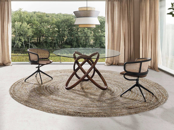 Brown wicker and velvet swivel chair