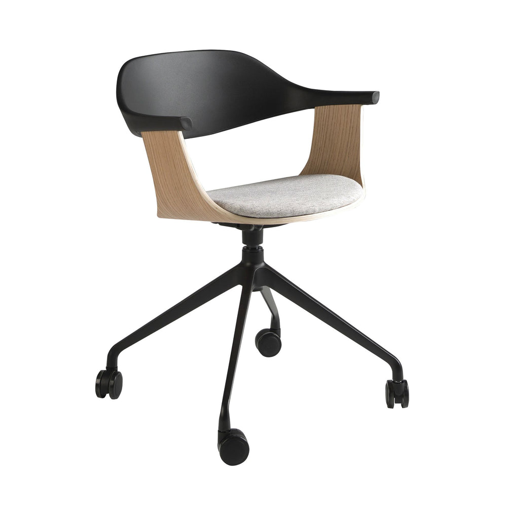 Swivel office chair in light gray fabric and black PVC